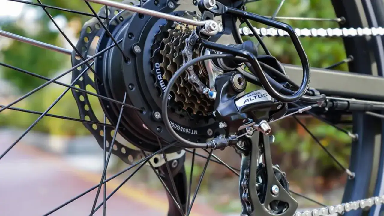 D&eacute;tail du d&eacute;railleur et des pignons d'un v&eacute;lo &eacute;lectrique. Apprenez comment passer les vitesses sur un v&eacute;lo &eacute;lectrique pour une conduite optimale.