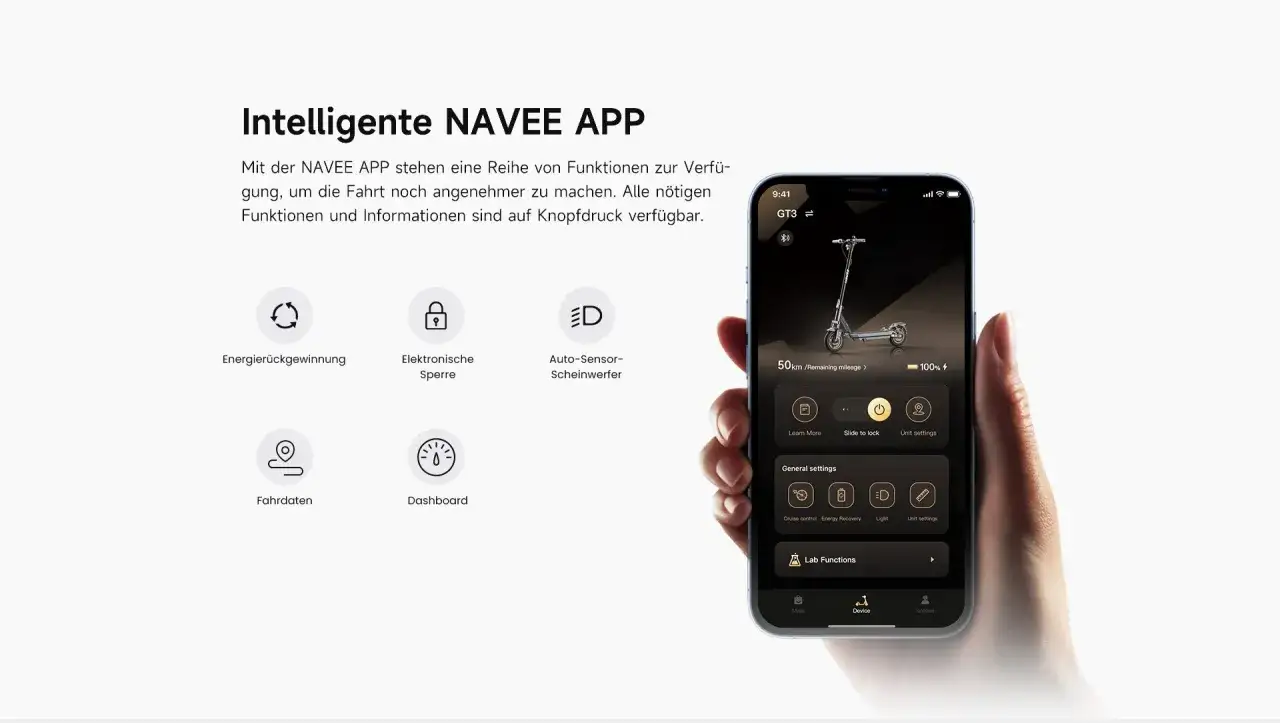 Application NAVEE montrant l'intensité de la récupération d'énergie, le verrouillage électronique, les données de conduite et le tableau de bord d'une trottinette.