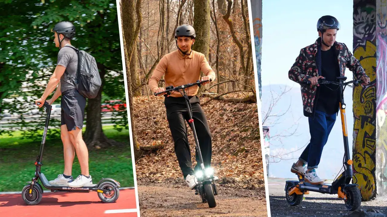 Trois hommes profitent de leur première trottinette électrique dans différents environnements : parc, forêt et zone urbaine avec graffiti.