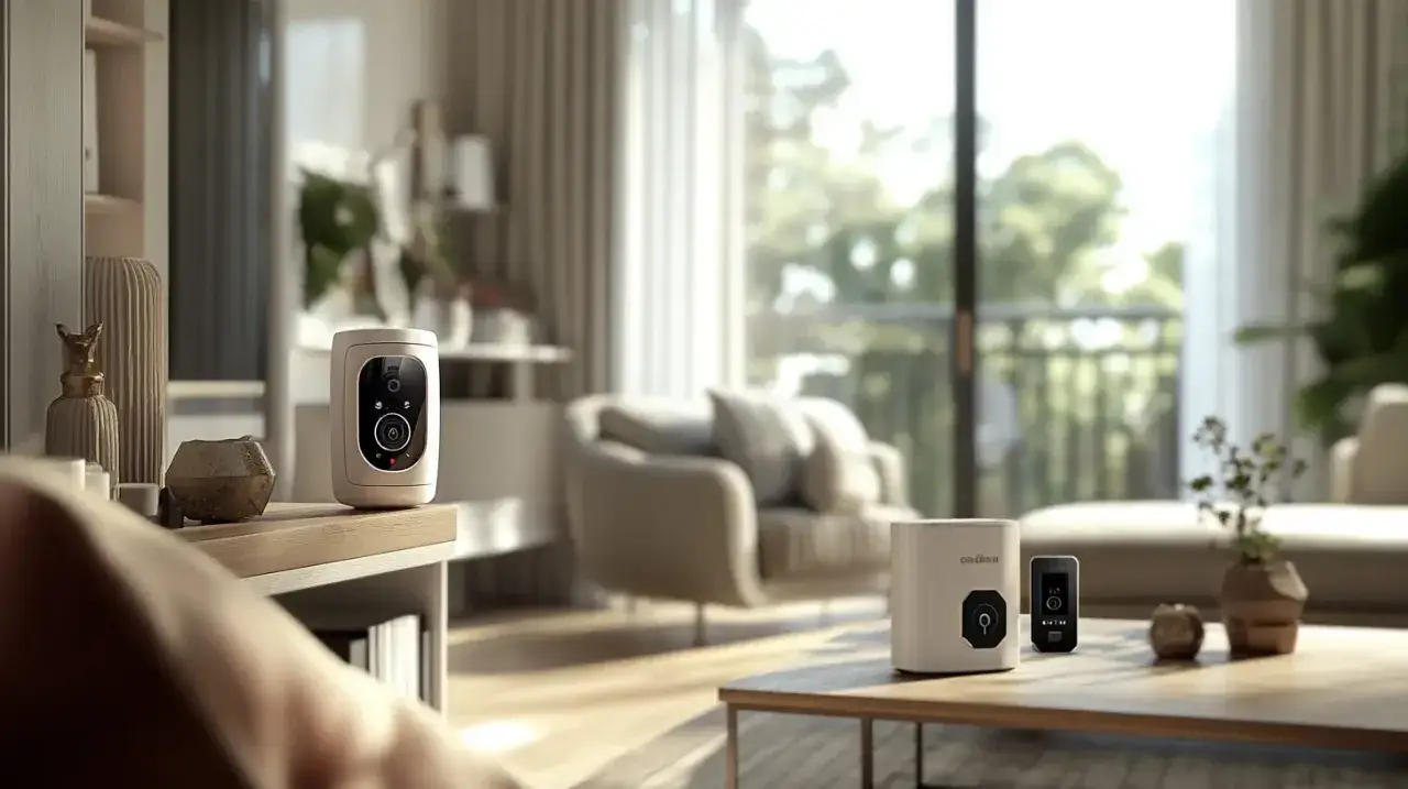 Sur une &eacute;tag&egrave;re, une cam&eacute;ra de s&eacute;curit&eacute; Xiaomi alarme veille. Sur la table basse, un autre appareil similaire et un petit &eacute;cran.