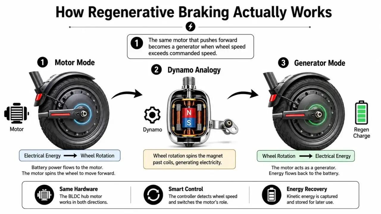 Sch&eacute;ma expliquant la r&eacute;cup&eacute;ration d'&eacute;nergie sur une trottinette &eacute;lectrique. Le moteur se transforme en g&eacute;n&eacute;rateur pour recharger la batterie.