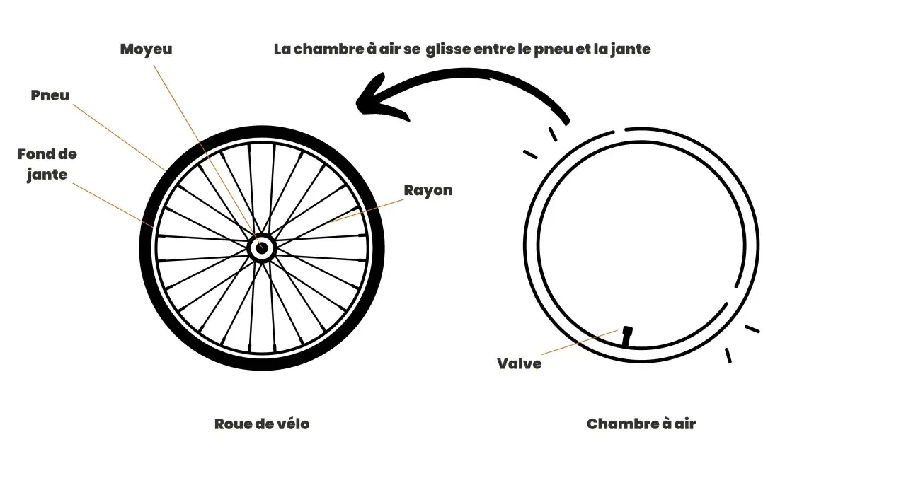 Illustration d'une roue de v&eacute;lo et d'une chambre &agrave; air 700x40c. La chambre &agrave; air se glisse entre le pneu et la jante.
