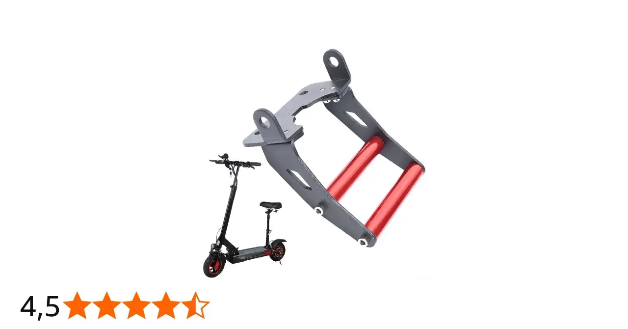 Accessoire pour trottinette électrique : un repose-pieds en métal gris avec poignées rouges, à côté d'une trottinette noire.