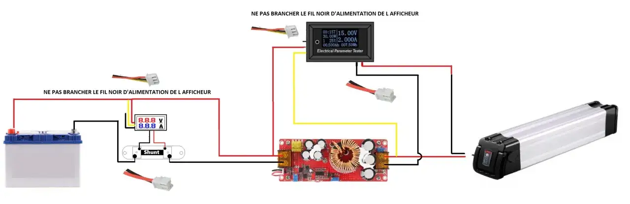 Sch&eacute;ma de c&acirc;blage pour tester le voltage d'une trottinette &eacute;lectrique, montrant une batterie, un convertisseur, un shunt et un testeur de param&egrave;tres &eacute;lectriques.