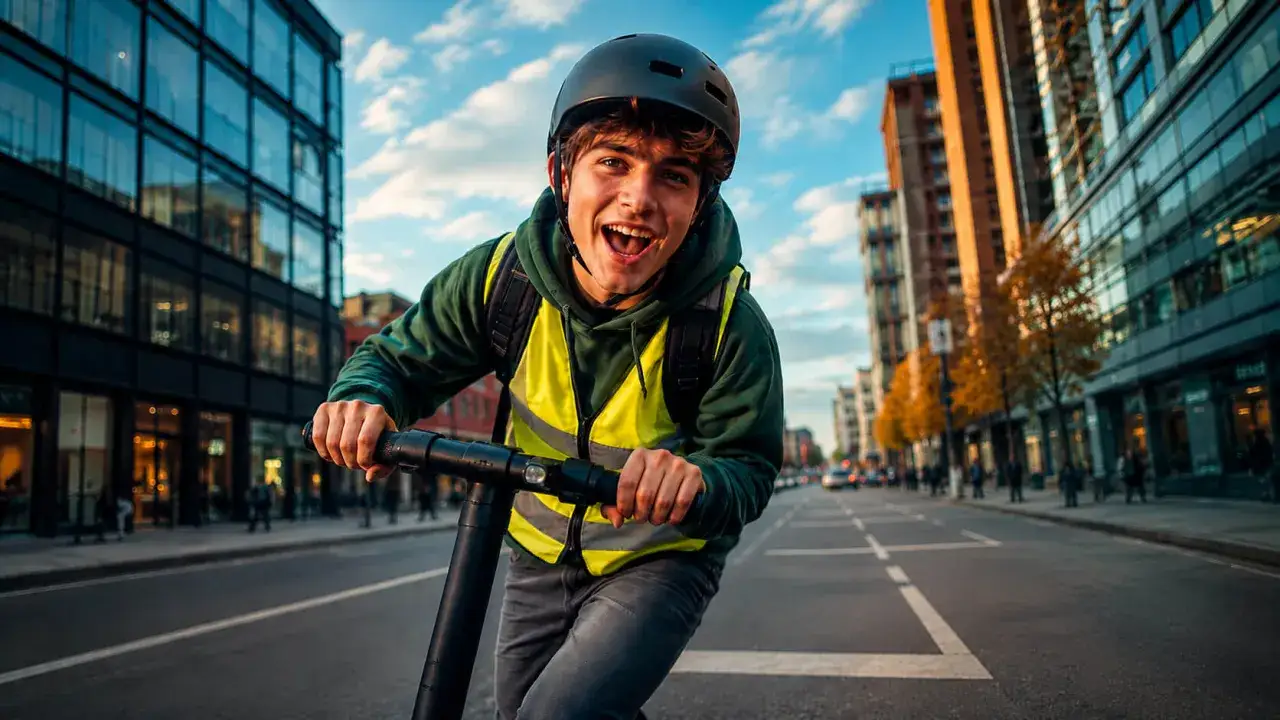 Un jeune homme souriant roule en trottinette électrique, portant un gilet jaune de sécurité et un casque. Il est sur une route en ville, entouré de bâtiments modernes.