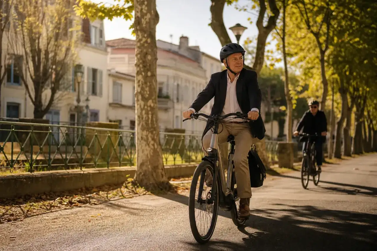 Un homme d'âge mûr profite d'une balade en vélo électrique dans une allée bordée d'arbres, avec une autre personne en arrière-plan.