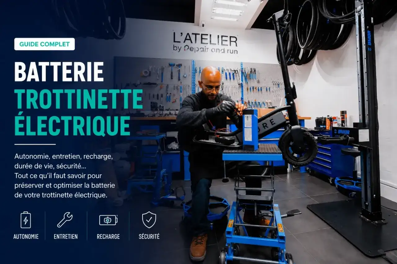 Un technicien répare la batterie d'une bms trottinette électrique dans un atelier. Guide complet sur l'autonomie, l'entretien et la recharge.
