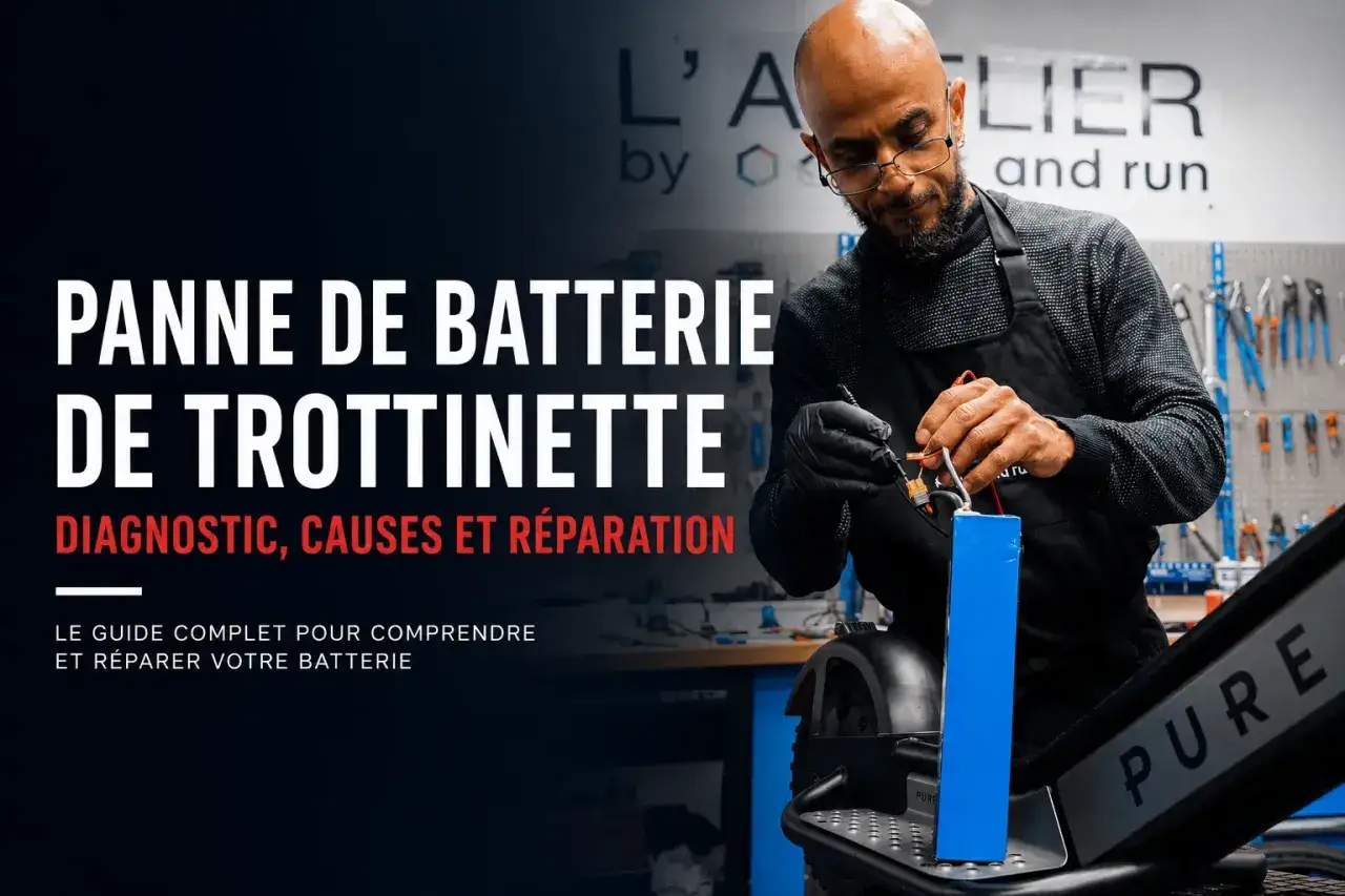 Un technicien examine une batterie de trottinette, sugg&eacute;rant un sympt&ocirc;me de batterie HS. Diagnostic, causes et r&eacute;paration.