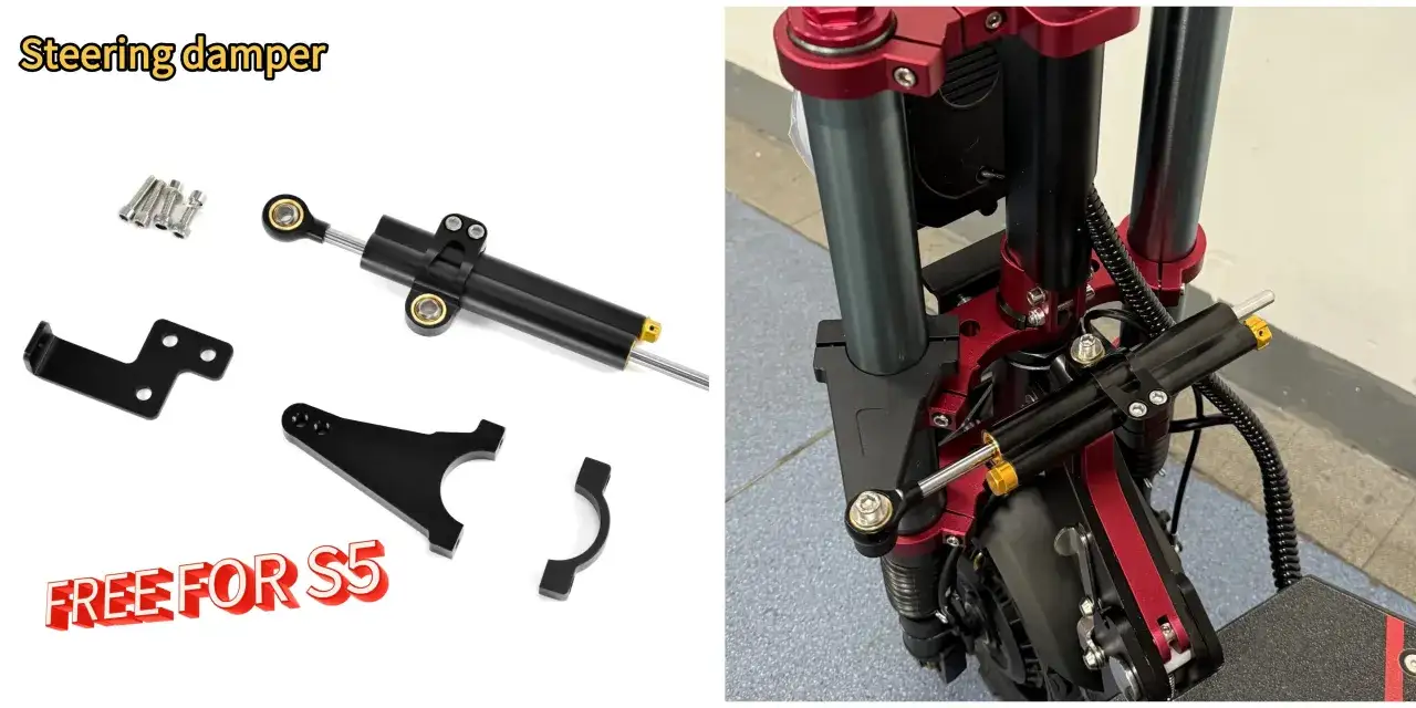 Amortisseur de direction trottinette, avec supports et vis. Installation sur une trottinette rouge et noire.