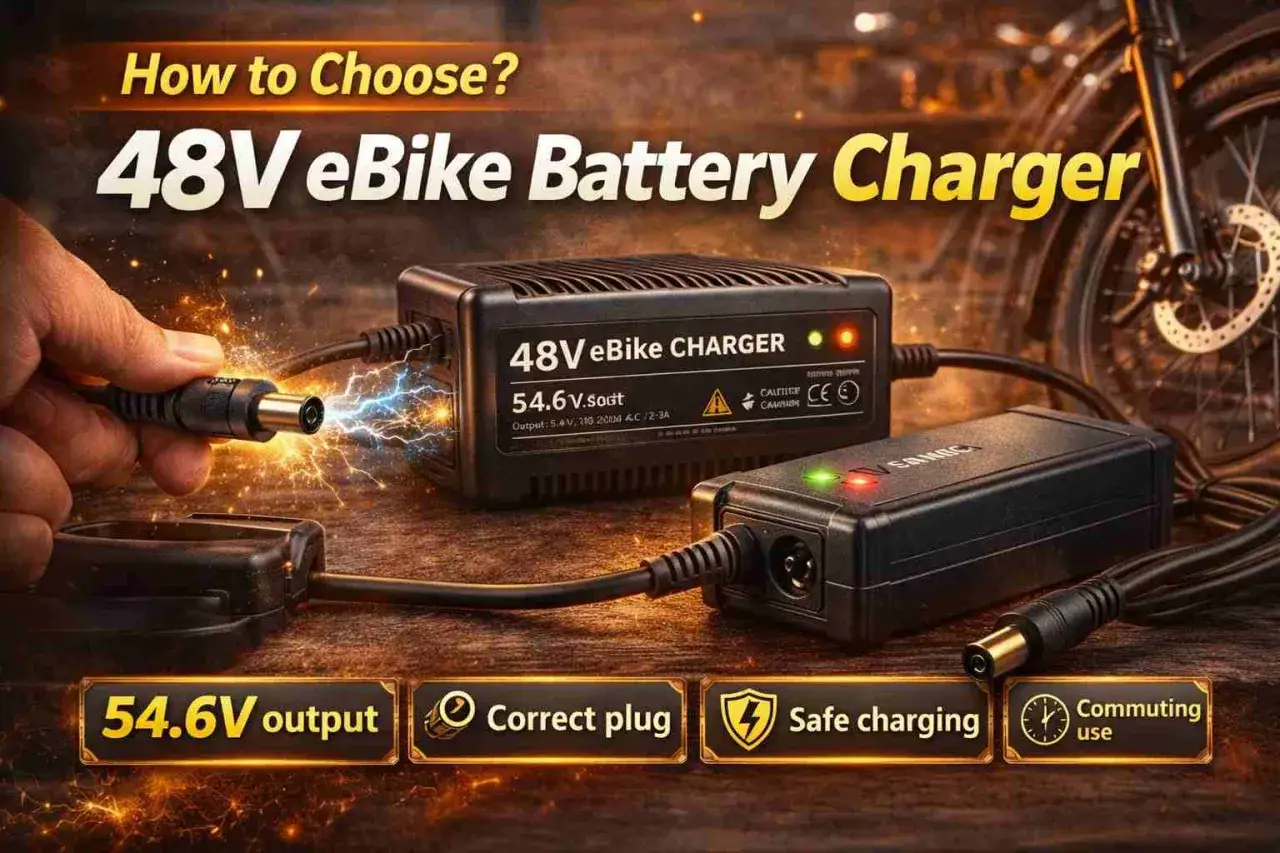 Chargeur 48V pour v&eacute;lo &eacute;lectrique, avec indicateurs lumineux et prise correcte pour une charge s&ucirc;re et un usage quotidien.