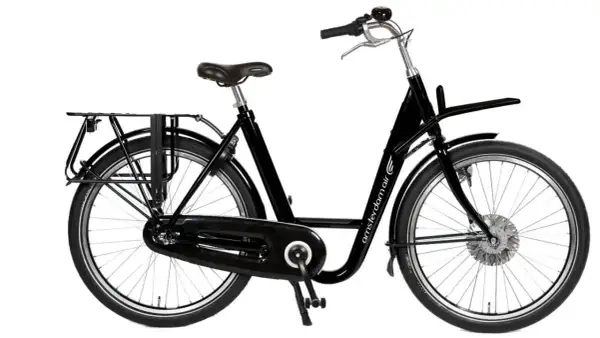 Vélo électrique noir de style hollandais avec porte-bagages avant et arrière.