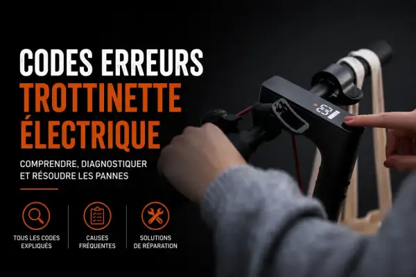 Le tableau de bord d'une trottinette électrique affiche des codes d'erreur. Une main appuie sur un bouton pour diagnostiquer les pannes.