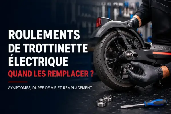 Main d'un mécanicien en gant noir tenant un roulement pour changer les roulements de trottinette électrique.