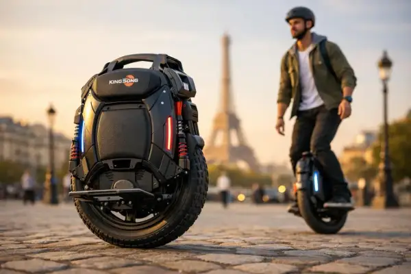 Un homme roule sur une roue électrique King Song devant la Tour Eiffel. L'engin futuriste est prêt pour l'aventure.