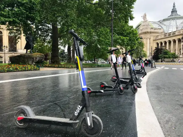 Trottinettes électriques alignées, prêtes à l'emploi. La réglementation sur les trottinettes électriques plus de 25 km/h est un sujet important pour la sécurité.