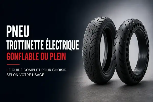 Deux pneus de trottinette électrique, l'un gonflable, l'autre plein. Un guide pour choisir le bon pneu, peut-être avec une rallonge gonflage pneu trottinette.