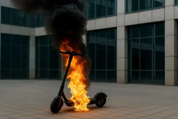 Une trottinette électrique en feu dégage une épaisse fumée noire devant un immeuble moderne.