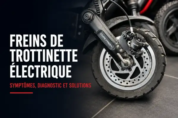 Gros plan sur le frein à disque d'une trottinette électrique. Le texte indique "Freins de trottinette électrique : symptômes, diagnostic et solutions", abordant le capteur de frein.