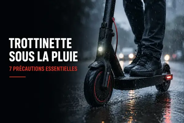 Une trottinette électrique roule sous la pluie. Le texte indique "Trottinette sous la pluie : 7 précautions essentielles", soulignant l'importance de la protection pluie trottinette.