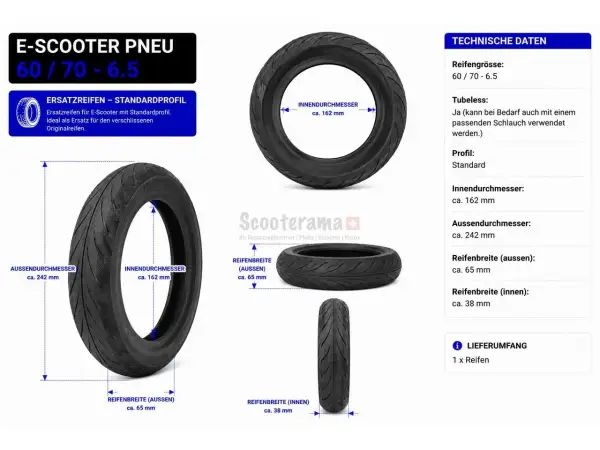 Pneu pour e-scooter, taille 60/70-6.5. Ce pneu tubeless standard de 242 mm de diamètre extérieur est un remplacement idéal.