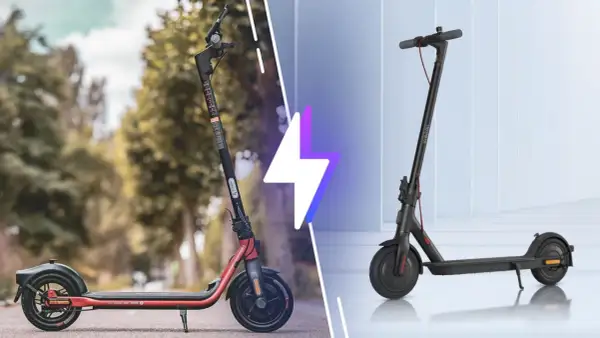 Comparaison entre un trottinette Ninebot rouge et un modèle Xiaomi noir, deux options de mobilité urbaine.