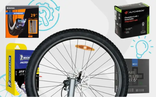 Roues de vélo avec plusieurs chambres à air increvables de marques Decathlon, Hutchinson, Michelin et Schwalbe.