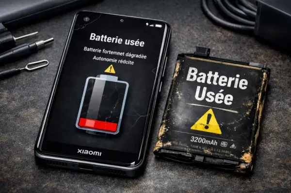 Un smartphone Xiaomi affiche un message "Batterie usée" avec une icône de batterie faible. À côté, une batterie usagée et abîmée confirme le mauvais état de la batterie.