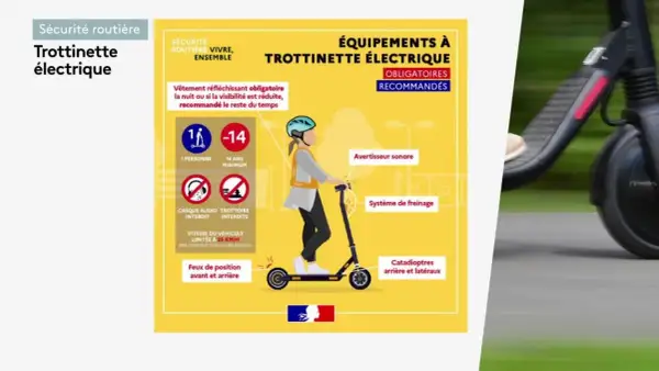Infographie sur la sécurité des engins de déplacement personnel motorisé : trottinette électrique, âge minimum, équipements obligatoires et recommandés.