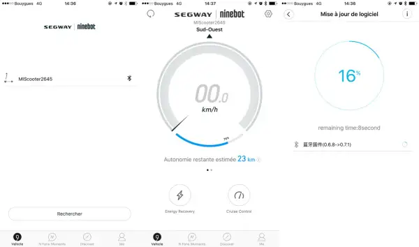L'application Segway-Ninebot affiche l'autonomie restante et l'intensité de la récupération d'énergie.